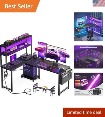 L Shaped Gaming Desk with LED Lights & Power Outlet for Home Office - 53 Inch