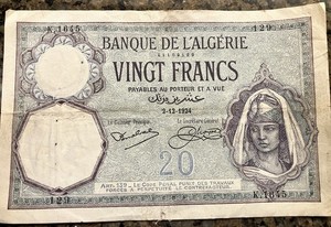 20 Francs 1924 Banque de l'Algérie Algeria Banknote - In very good condition.