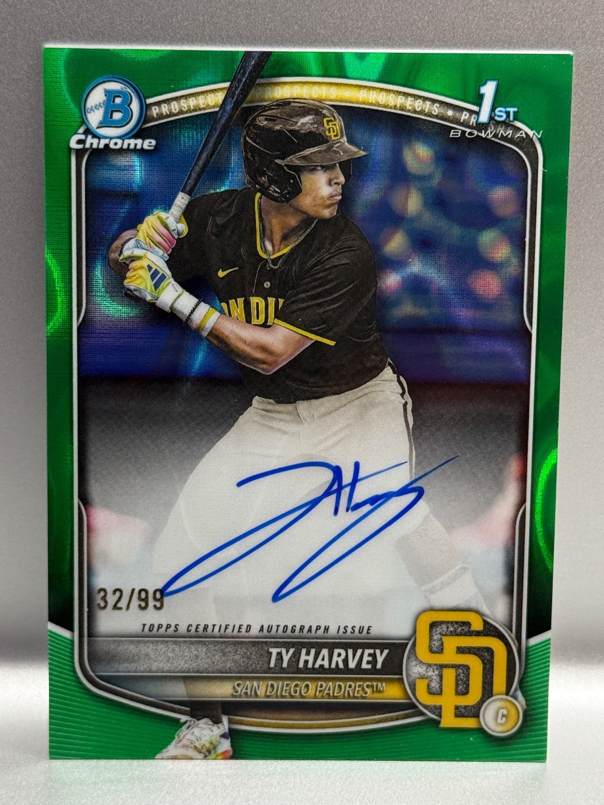 2025 Bowman Draft Ty Harvey Chrome Auto Green Lava Refractor 1st #/99 Padres