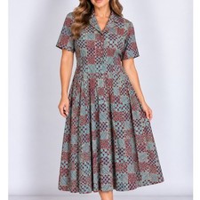 Vintage Leslie Fay Size 14 Patchwork Midi Dress Button Front Retro Artsy