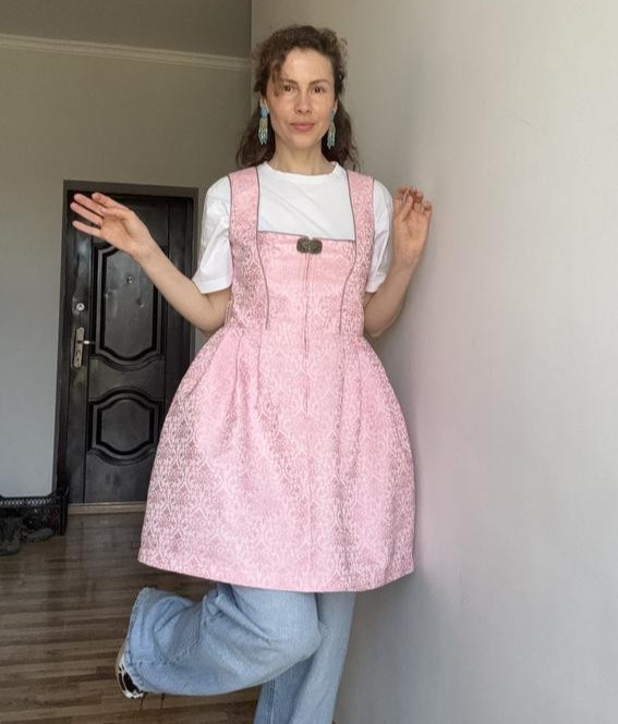 DIRNDL pink vintage dress jacquard Alpin trachten tyrol octoberfest size M/L