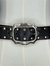 Vintage Black Leather Bohemian Belt with Decorative Brass Silver Buckle M