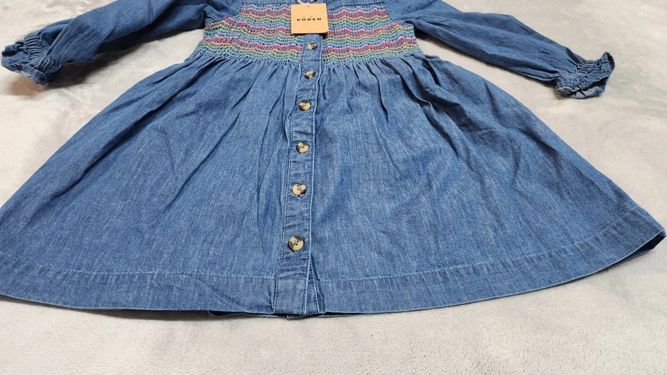 Vestido Mini Boden Niñas Talla 3-4Y Denim Suki Manga Larga Calado 100% Algodón Nuevo con Etiquetas Foto 3 de 4