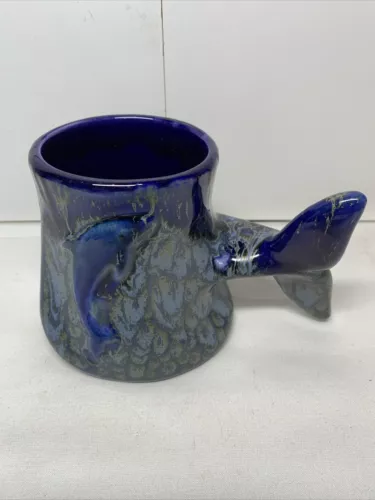 Vintage Art Pottery Doug Wylie Blue Embossed Dolphin Whale Tail Mug