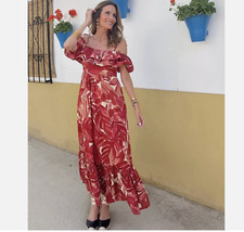 ZARA NWT WOMAN COTTON PRINTED OFF SHOULDER MIDI DRESS MULTICOLOR RED 4786/253 XS
