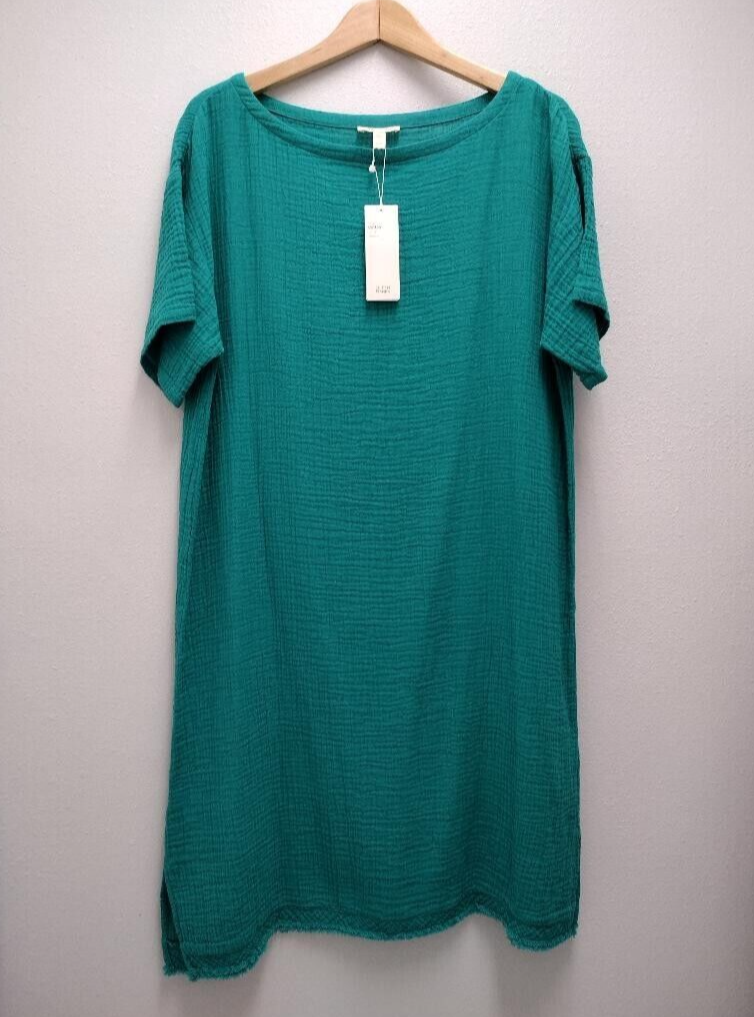 eileen fisher organic cotton gauze dress New Size M-L Turquoise Green Size:11-11,5 US / 42 Gauze shirt dress feather detail Medium Wash Off Shoulder