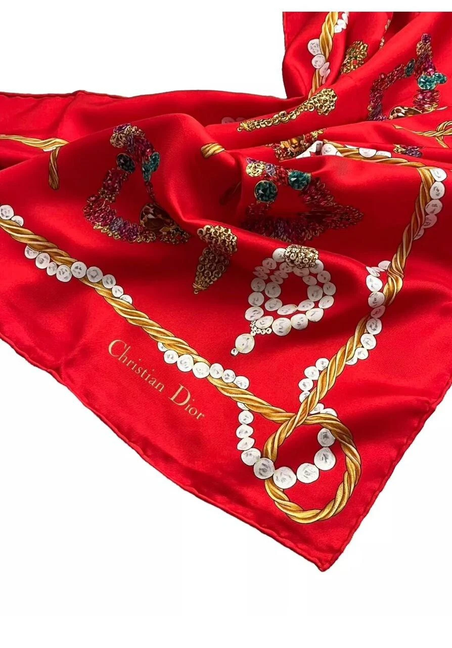 S5# Christian Dior foulard en soie rouge 34 pouces fabriqué en Italie