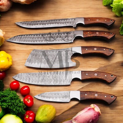 CUSTOM HANDFORGED DAMASCUS FIXED BLADE 5 PCS CHEF SET BEST FOR CUTTING,OUTDOOR