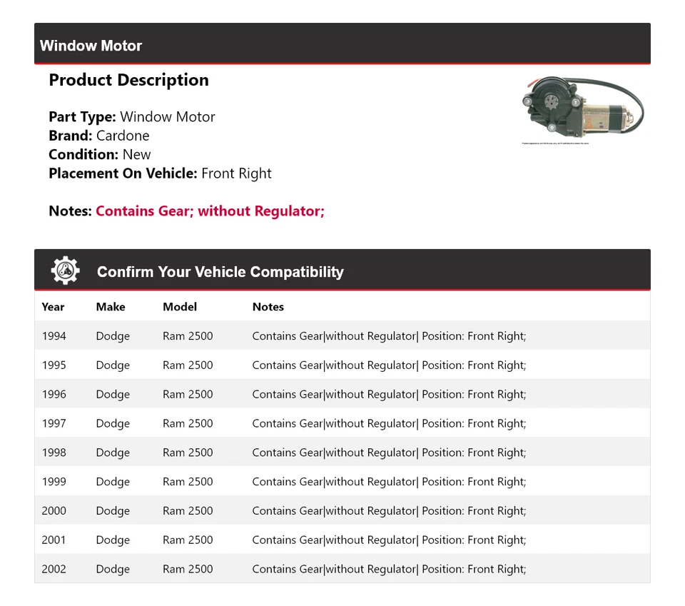 Para Dodge Ram 2500 1994-2002 Motor Ventana Delantero Derecho Cardone 1995 1996 1997 Foto 2 de 4