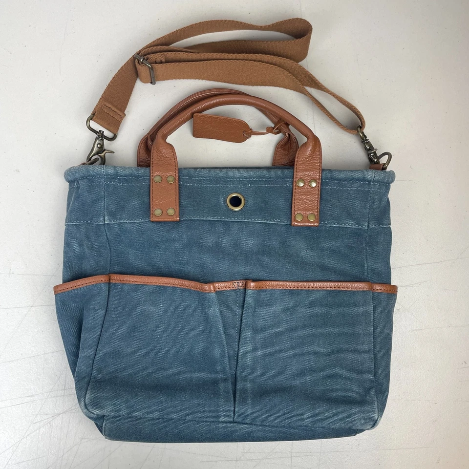 Bolso de Mano Levenger Denim Cuero Borde 6 Bolsillos Cartera Cartera Cubo Paquete Boho Foto 2 de 4