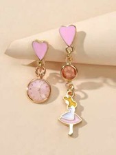 ALICE IN WONDERLAND GIRL  THE CLOCK PINK HEART SHAPE DROP DANGLE EARRINGS GOLD
