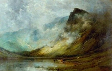 Oil painting Alfred-Fontville-De-Breanski-The-Borders-of-Loch-Fyne landscape cow