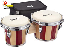 7" and 8" Bongo Drum Set with Padded Bag and Tuning Key, Red and Natural Stripe