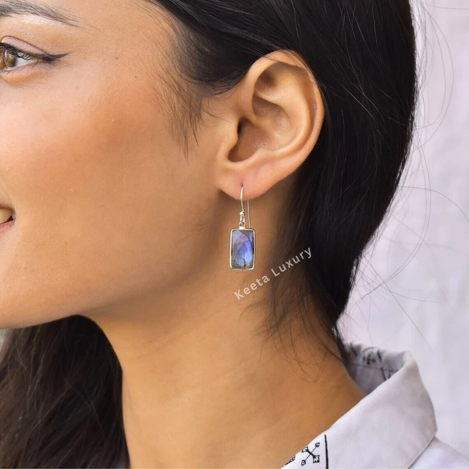 Natural Blue Labradorite Healing Crystal 925 Sterling Silver Handmade Earrings - Image 2 of 4