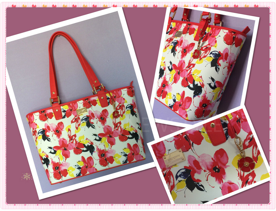 ST. JOHN ORANGE/WHITE/Multi Gold Floral Purse F-aux Leather Zip