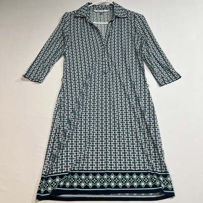 Max Studio Geometric Dress Womens Size XS Green Blue Shirt Midi 3/4 Sleeve