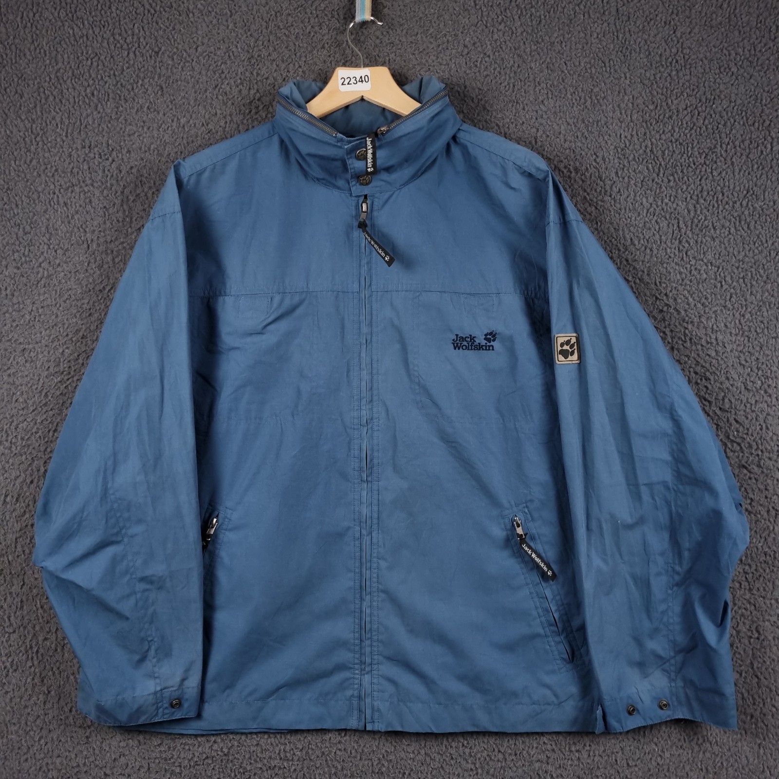 Chaqueta cortavientos JACK WOLFSKIN para hombre L grande azul con capucha cremallera completa mezcla de algodón