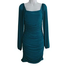 Fashion Mini Dress Blue Turquoise Small Long Sleeve Shirred BodyCon Sheath Lined