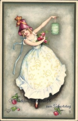 Artist Postcard Happy Birthday, Woman with Lantern, Roses - 3313796