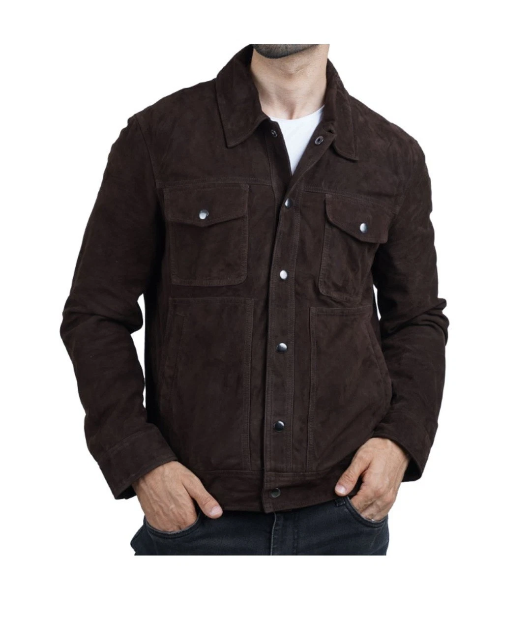 Men's Pure Suede Leather Brown Trucker Jacket Goat Suede Coat Size S M L XL 2XL