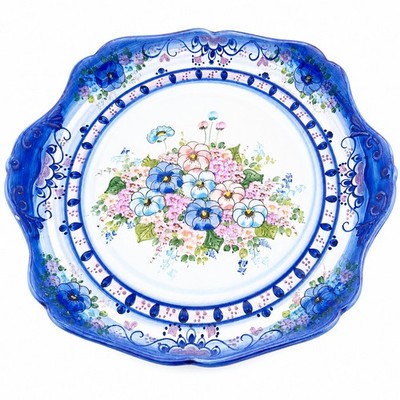 Handbemalter Keramik Wandteller 310 mm blau floral dekorative Servierplatte