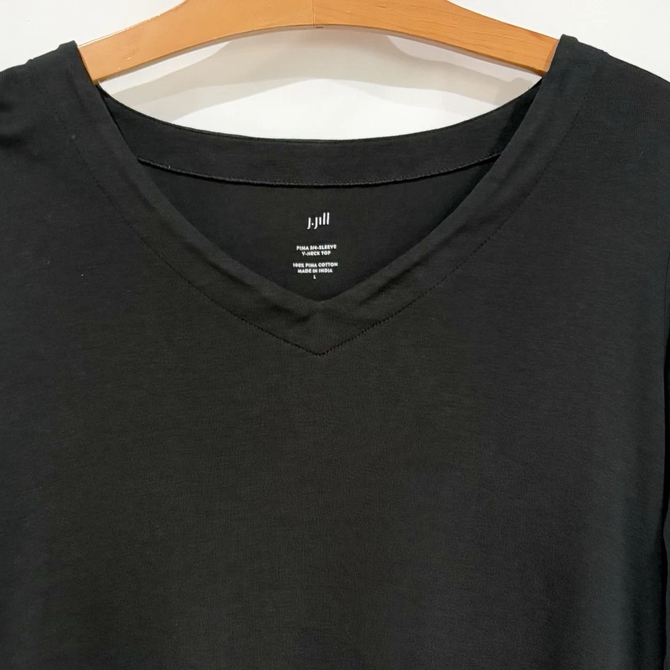 Camiseta túnica informal J.Jill negra de algodón Pima manga 3/4 cuello en V L tejido suave Foto 2 de 4