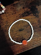 Bohemian White Seed Bead Elastic Anklet Delicate Stackable Red Floral Accent