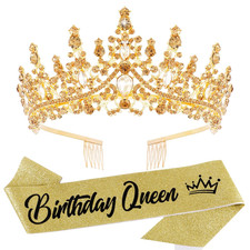 Gold Crystal Birthday Queen Tiara Crown for Women Girls Birthday Queen Headband