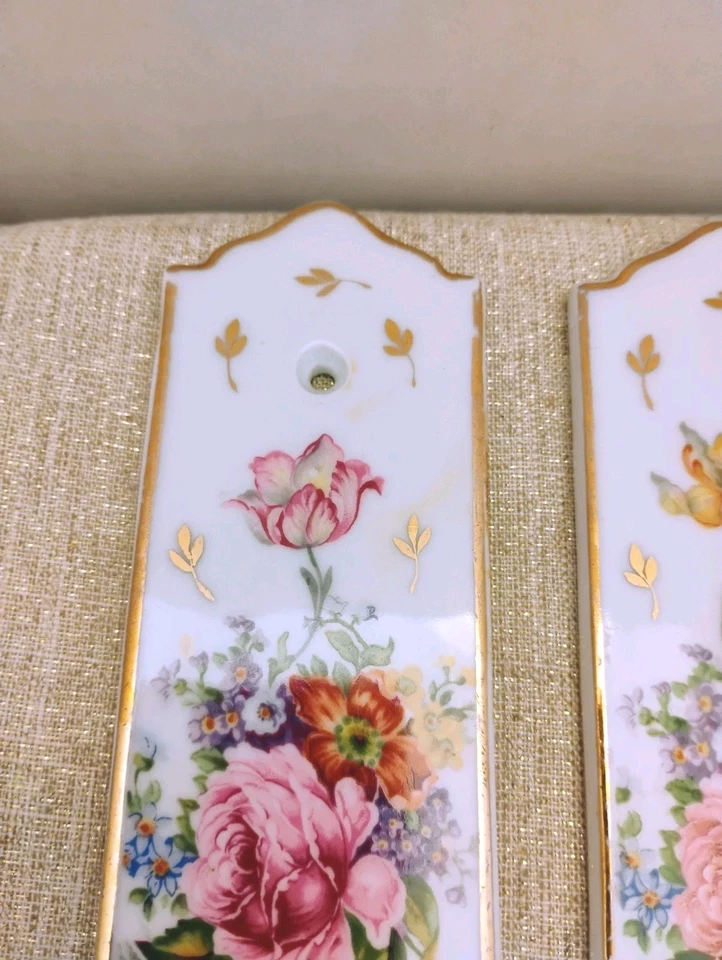 Placas de dedo de puerta de porcelana floral antiguas con adornos dorados, 7" hechas en Francia, 2 Foto 2 de 4