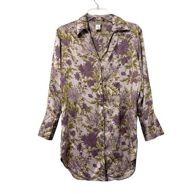 Vintage I.N.C Intimates Small Silk Purple Floral Long Sleeve Button Up Tunic