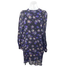 Ganni Women's Purple Floral Pansy Print Long Balloon Sleeve Mini Shift Dress 34