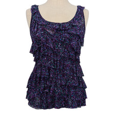Purple Floral Mesh Tank Top M Sheer Ruffles Whimsigoth Romantic Fairy Grunge Y2K