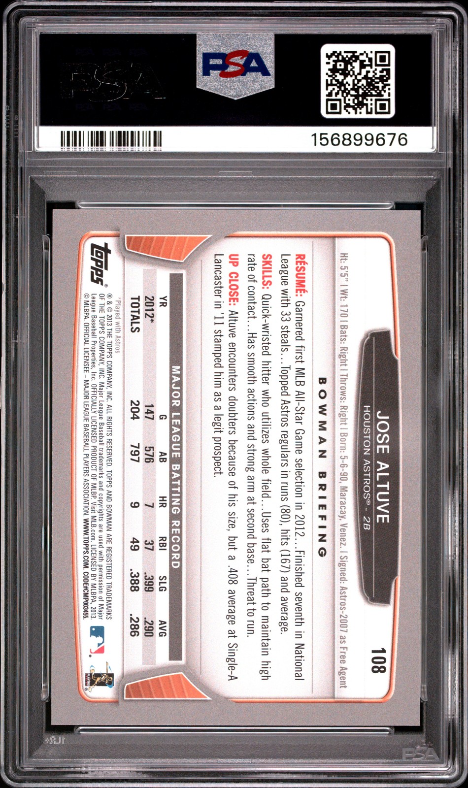 2013 BOWMAN #108 JOSE ALTUVE ASTROS PSA 10 view 2