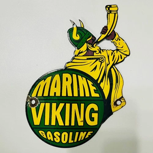 VINTAGE VIKING PORCELAIN  ENAMEL SIGN OLD 56' MARINE GASOLINE SERVICE 6"x 8"inch