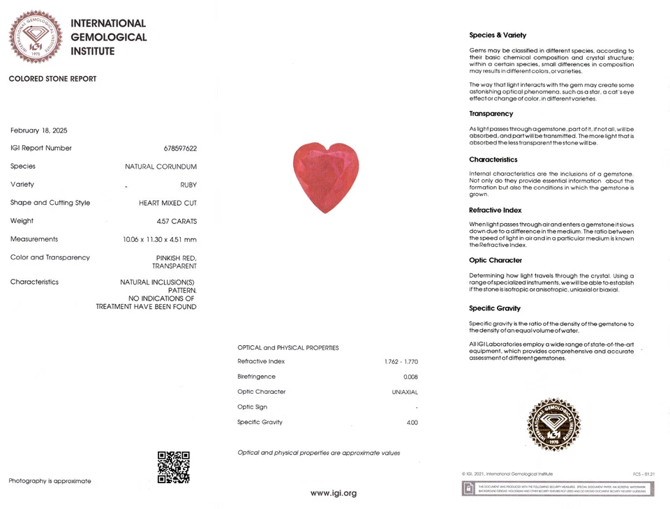 IGI Certified MADAGASCAR Ruby 4.57 Ct. Natural Untreated HEART Pink-Red LOOSE - Image 2 of 4