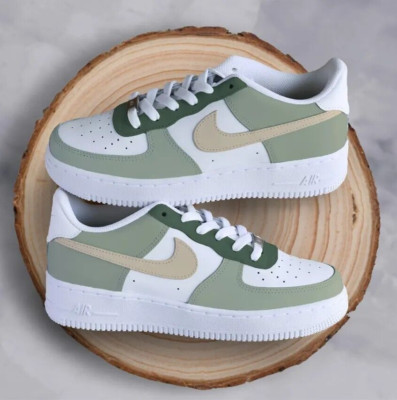Air Force 1 Custom White Shoes, Sage Forest Green Warm Beige Cream Swoosh Mens