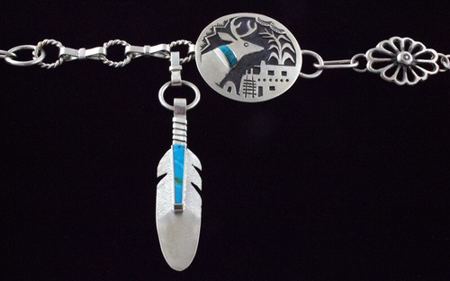 Sterling Silver & Natural Turquoise Link Concho Belt By Lorenzo Tafoya - Picture 2 of 9