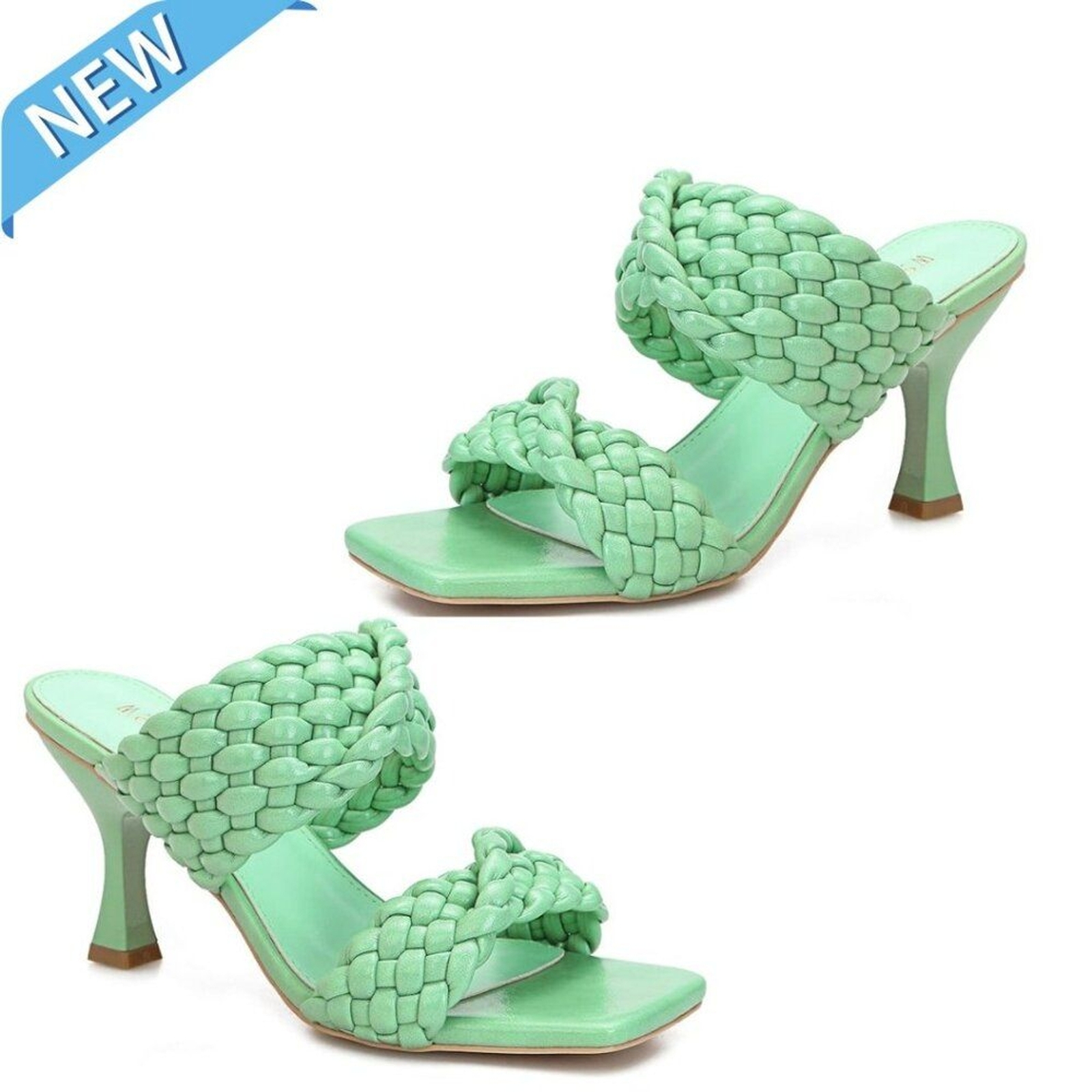 Green Braided Sandals Square Stiletto Heels Mules Slip On Open Toe Size 9.5