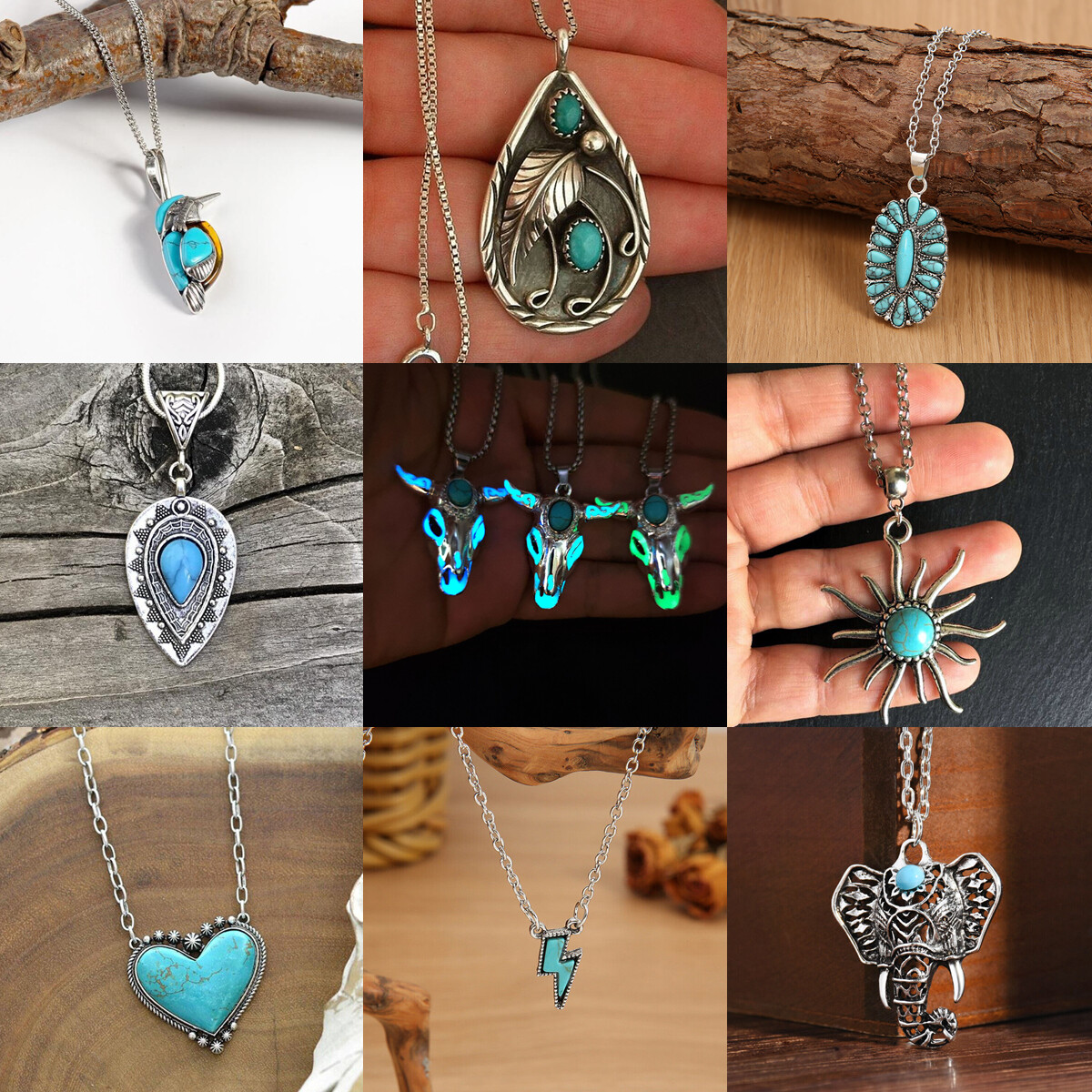 Vintage Silver Turquoise Necklace Pendants Chain Boho Vintage Silver Turquoise Necklace Pendants Chain Boho