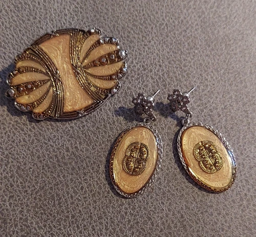 Unsigned Catherine Popesco Victorian Brooch and Earrings Costume Jewelry