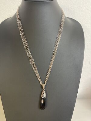 PAOLA VALENTINI Sterling Silver 3-STRAND CHAIN NECKLACE Black Gemstone PENDANT