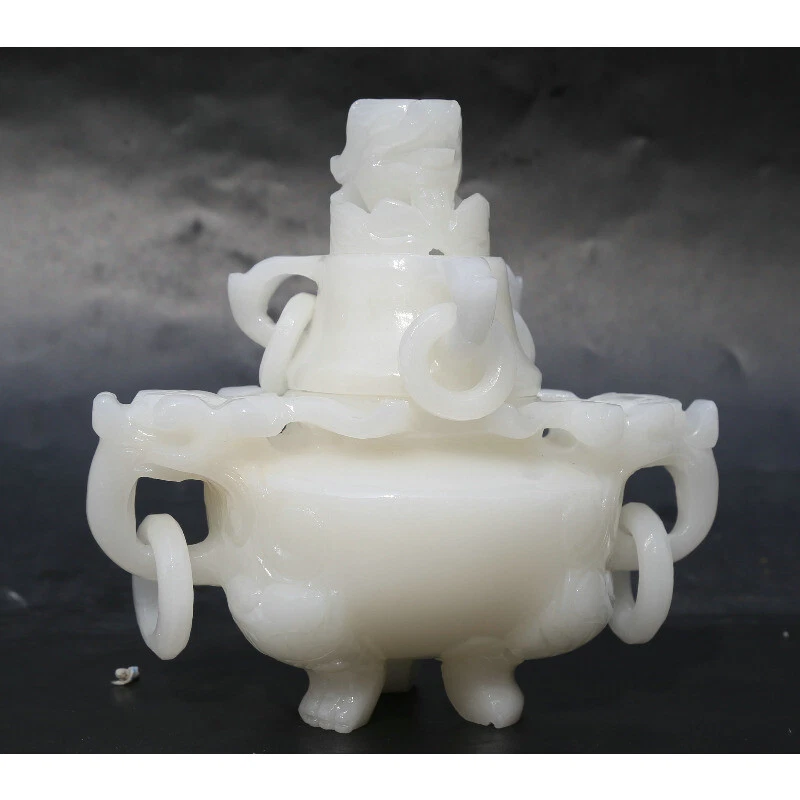 Quemador de incienso trípode cabeza de dragón tallado en jade blanco chino de 6,5" Foto 2 de 4