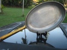 MADE IN PORTUGAL OVAL COPPER PAN THREE RIVETS CONNECT HANDLE VINTAGE 12" LONG