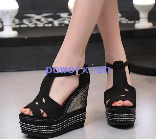 Womens Platform Wedge Heel Buckle Hollow Out New Roma Summer Sandals Shoes 16 cm