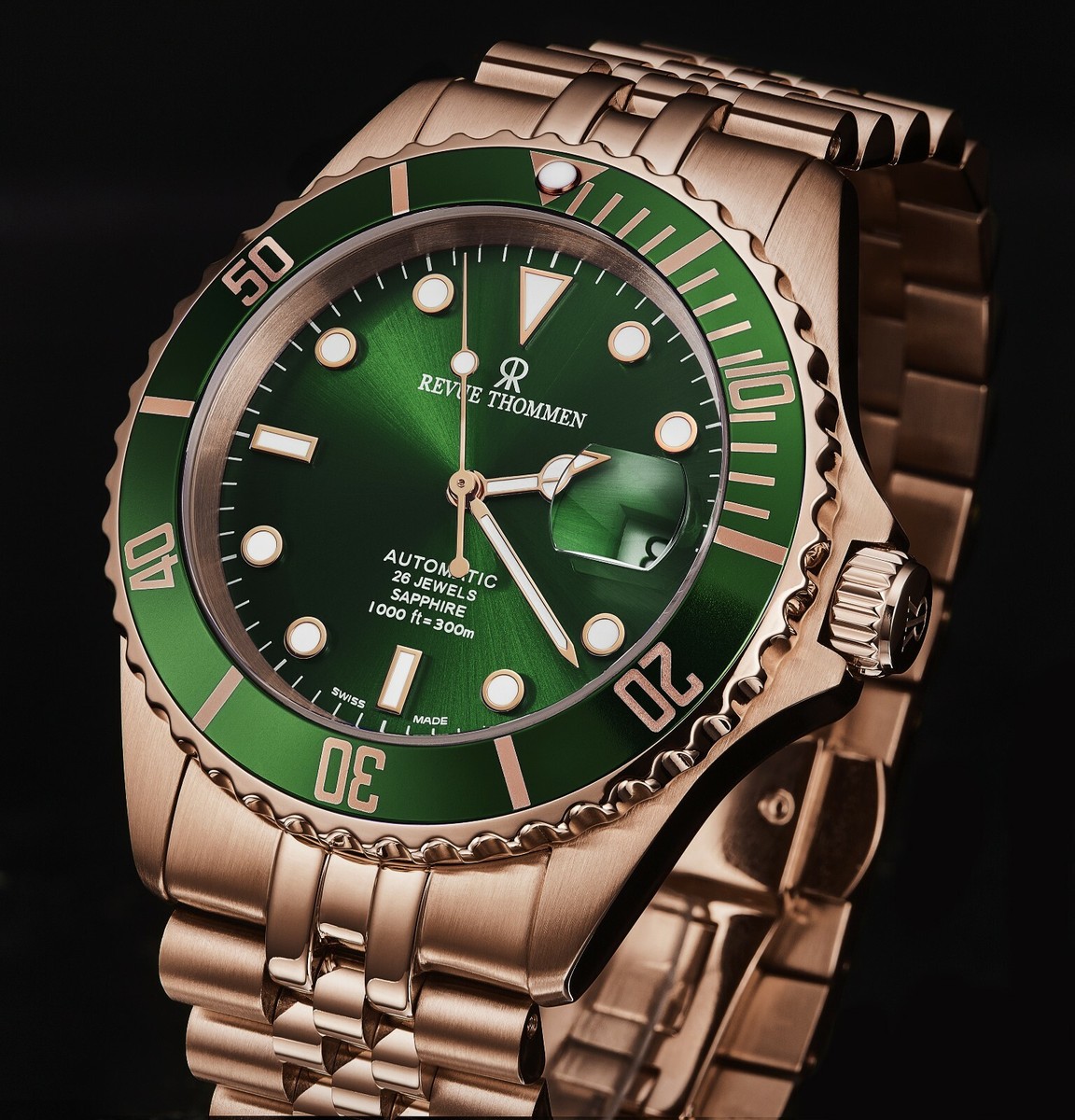 Revue Thommen Men's Diver Green Dial Rose Gold Automatic Watch