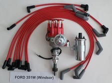 Ford 351w Windsor Red Small Cap Hei Distributor Chrome Coil Usa Plug Wires