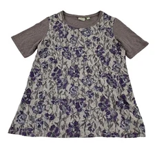 LOGO Lounge Pullover Top Women’s Medium Purple Lace Overlay Short Sleeve Stretch