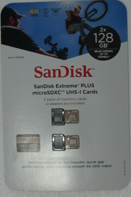 2 Pack new 128GB SanDisk Extreme PLUS A2 microSD Memory Card Adapter 4k UHD