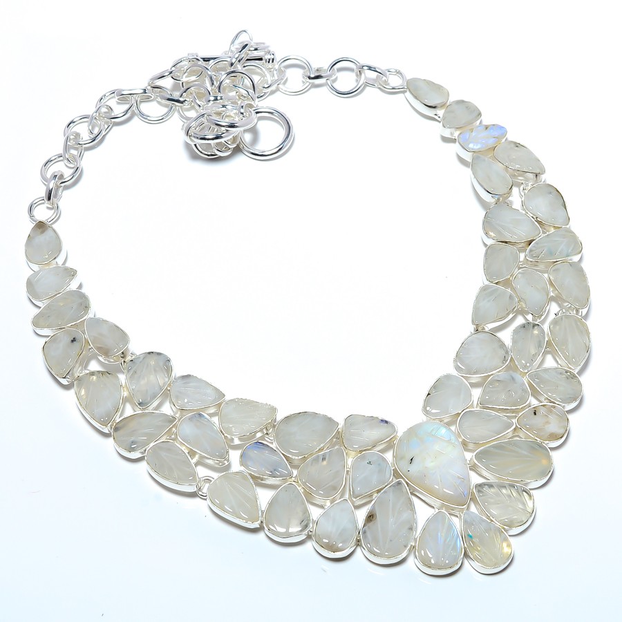 Carved Rainbow Moonstone - Bihar 925 Silver Handmade Necklace 17.99" N1430-14