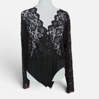 Avidlove Black Floral Lace Long Sleeve V-Neck Bodysuit XXL NWT Goth Lingerie